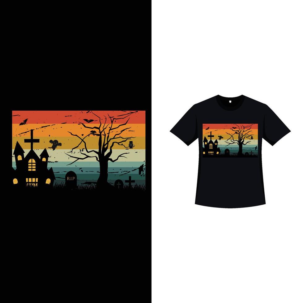 halloween snygg retrofärgad t-shirtdesign med ett spökhus och döda träd. halloween läskig t-shirtdesign med vintagefärg och läskiga gravstenar. skrämmande modedesign för halloween.v vektor