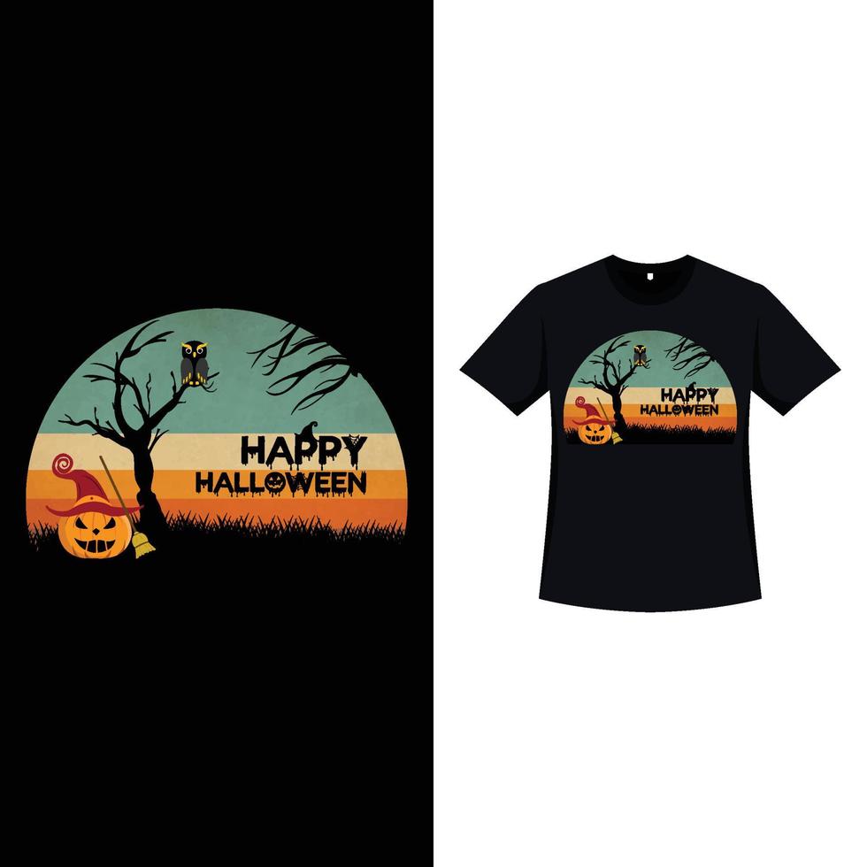 halloween stilvolles retro-farb-t-shirt-design mit einer kürbislaterne und einer toten baumsilhouette. halloween gruseliges t-shirt-design mit vintage-farbe und kalligrafie. Gruseliges Modedesign für Halloween. vektor