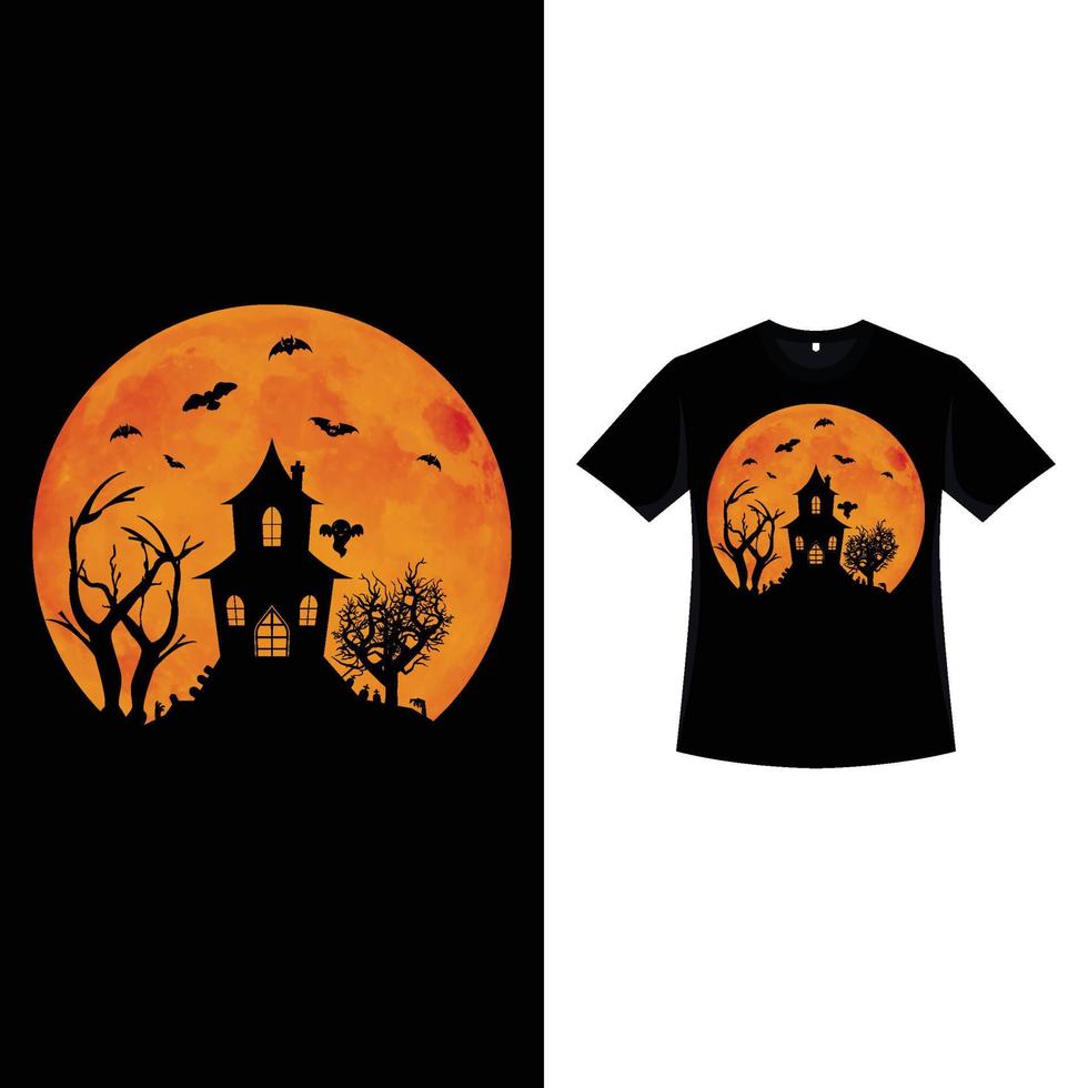 Halloween-Retro-Farb-T-Shirt-Design mit einer Mondform und einem Spukhaus mit Grabsteinen. halloween gruseliges t-shirt-design mit vintage-farbe und gruseligem haus. Gruseliges Modedesign für Halloween. vektor