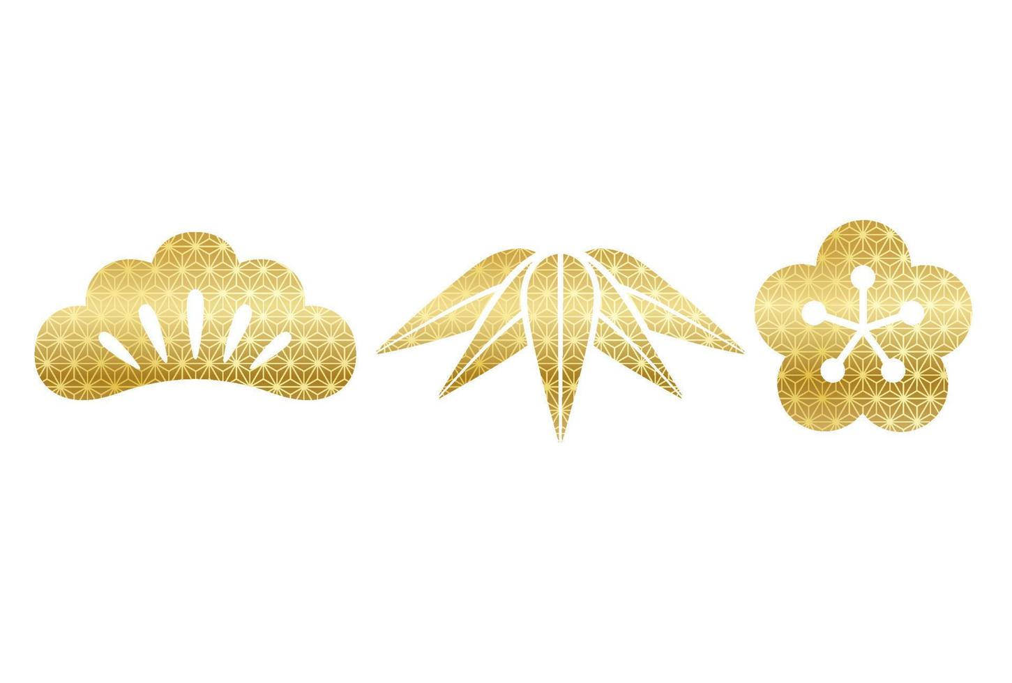 uppsättning japansk vintage guld gynnsamma botaniska symboler, tall, bambu och plommon isolerad på en vit bakgrund. vektor