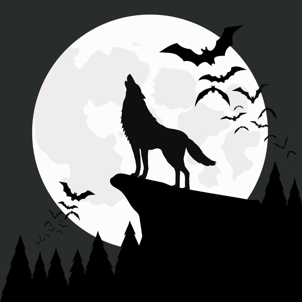 tecknad illustration svart och vitt, varg ylande på klippan, en grupp fladdermöss som flyger månen, halloween nattbakgrund vektor