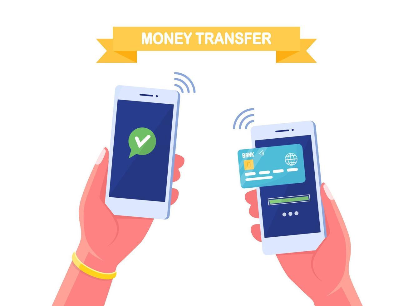 Geld per Handy überweisen. Banktransaktion durch digitale Geldbörse. menschliche hände halten smartphone mit kredit, debitkarte auf dem bildschirm. einfaches Zahlungskonzept. Vektor-Cartoon-Design vektor