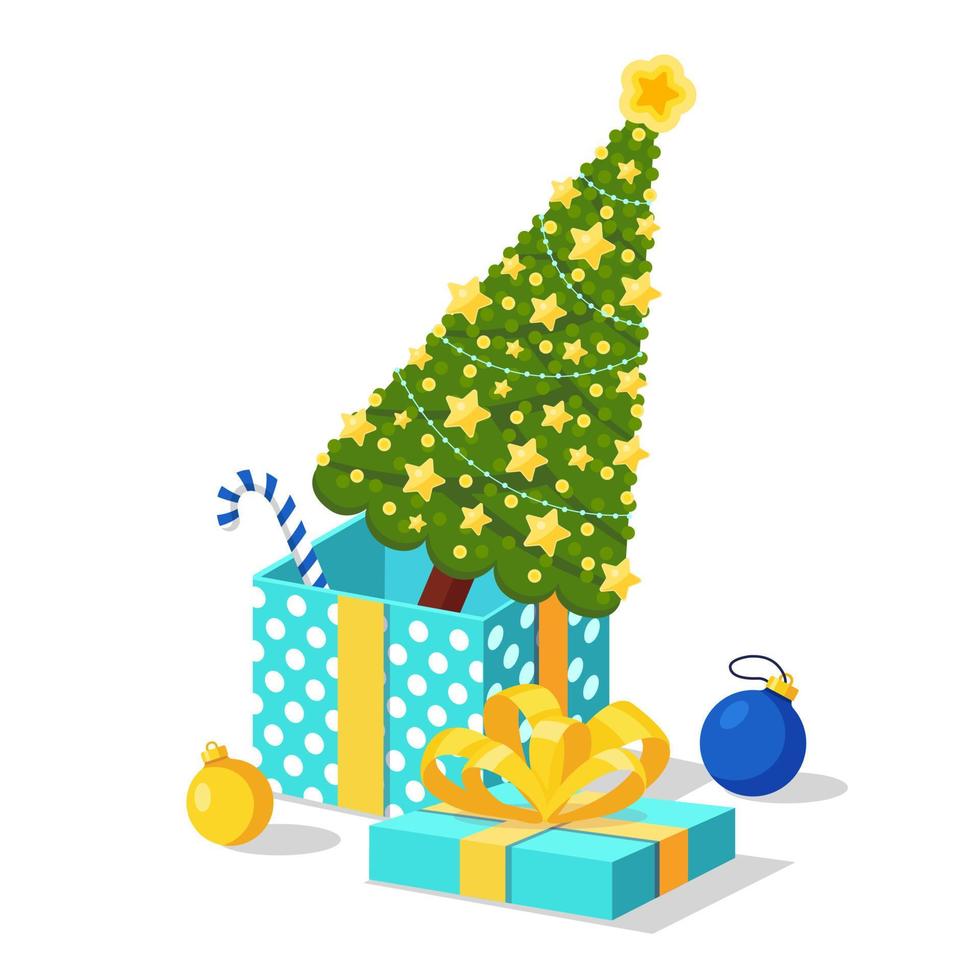 geschmückter weihnachtsbaum mit stern, lichtern, kugeln in geschenkbox. Frohe Weihnachten und ein glückliches Neues Jahr vektor
