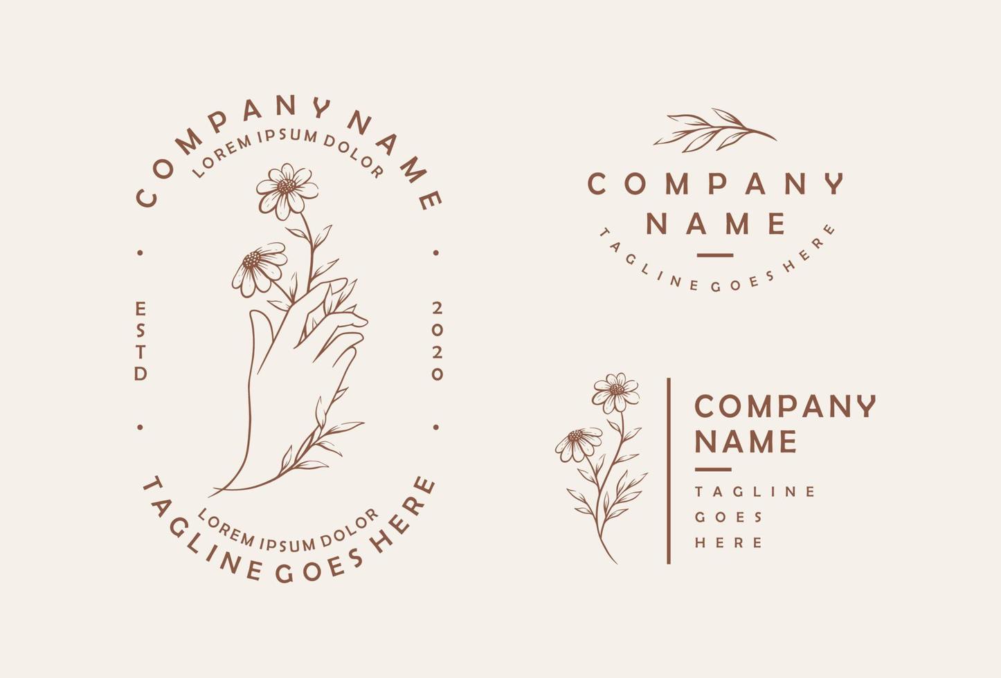 handritad feminina vektor tecken eller logotyp mallar set. hand med blomma illustration med elegant typografi.