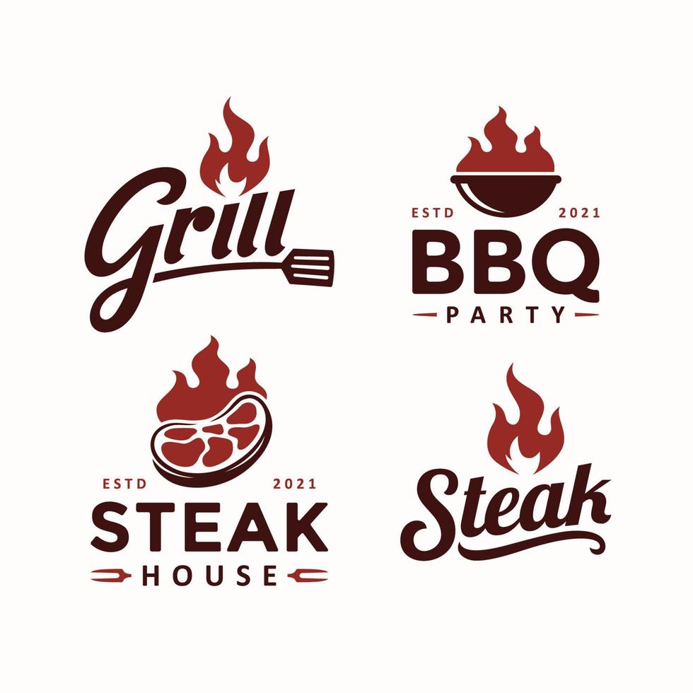 grill bbq steak logotyp designmall set vektor
