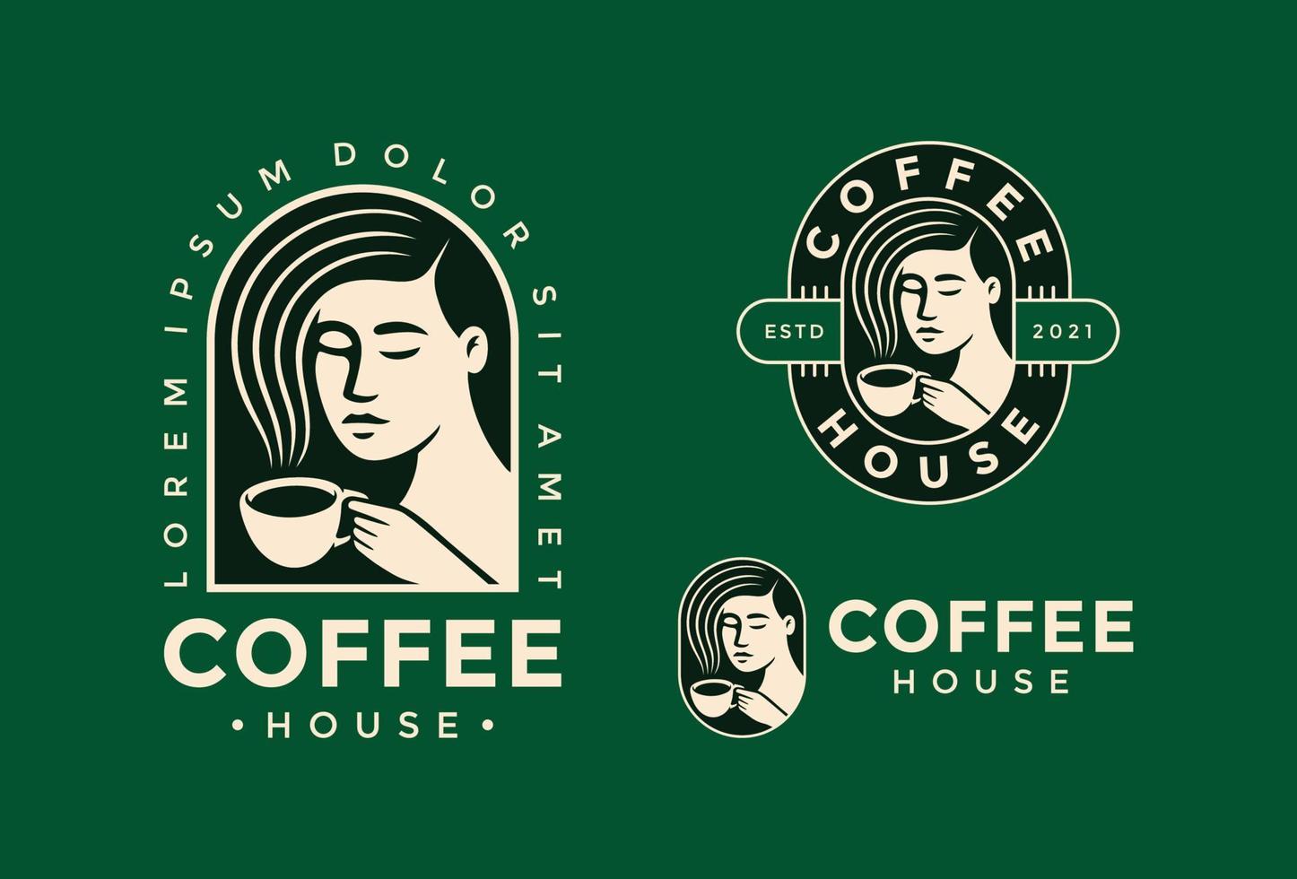 kvinna som dricker en kopp kaffe. logotyp designkoncept för kafé. vektor