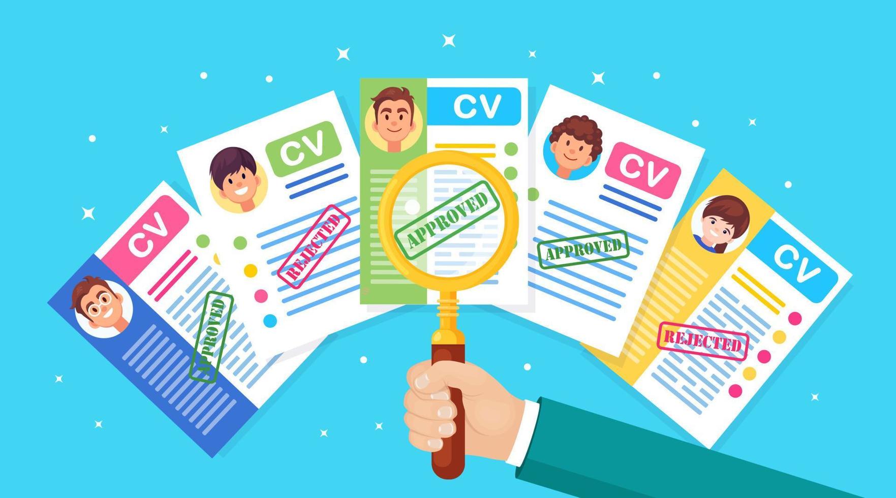 cv företags-CV och förstoringsglas i handen. anställningsintervju, rekrytering, sök arbetsgivare, anställning. vektor design