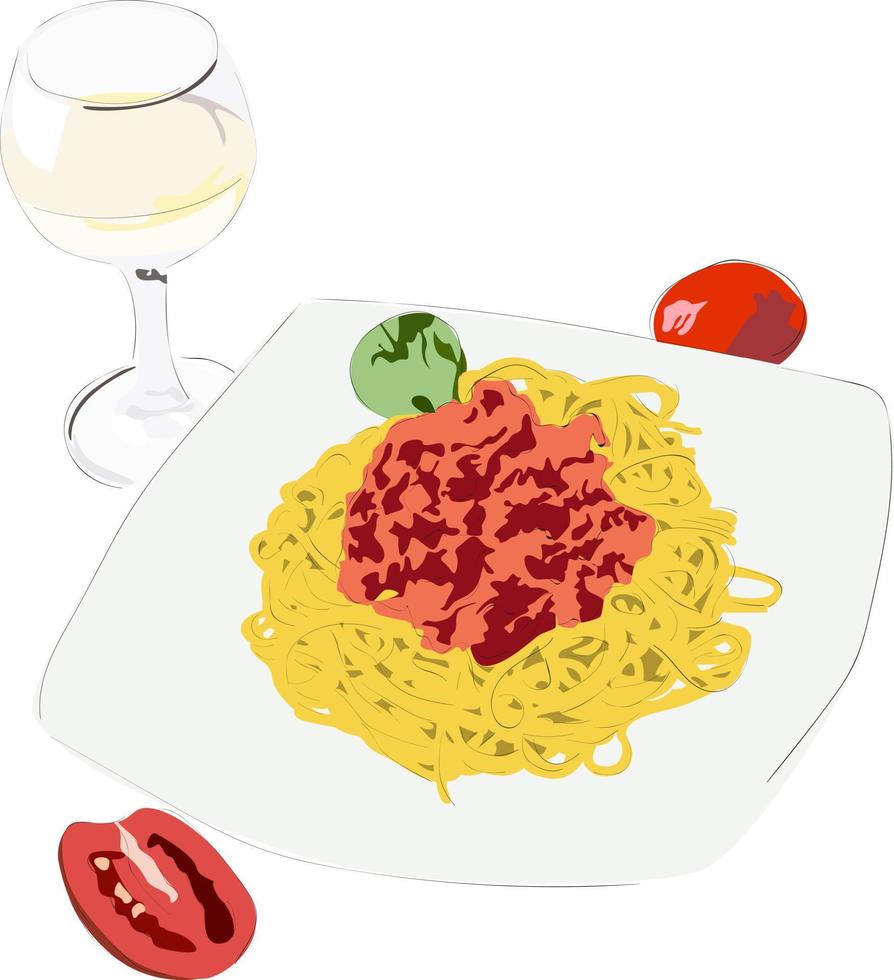 serverar pasta bolognese med vitt vin vektor
