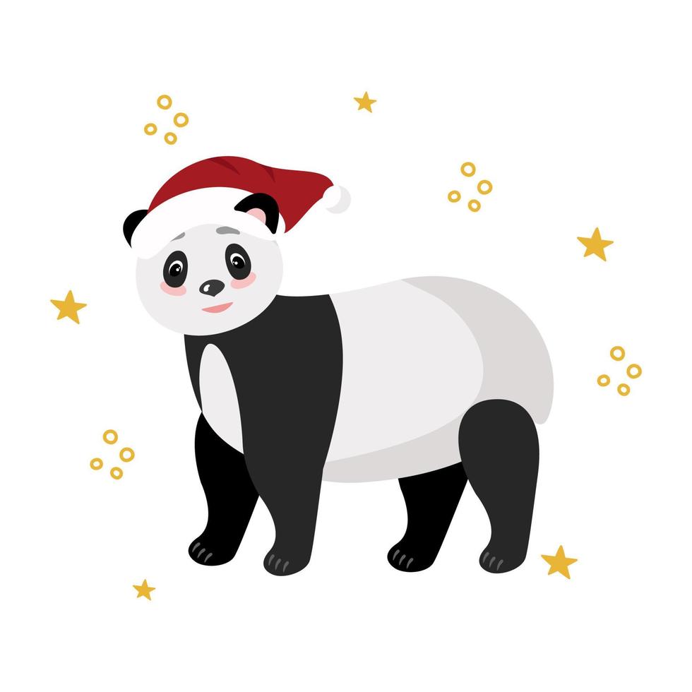 weihnachts- und neujahrskarte mit einem panda in einem rotkäppchen. vektorcliparts, lokalisierte illustration vektor
