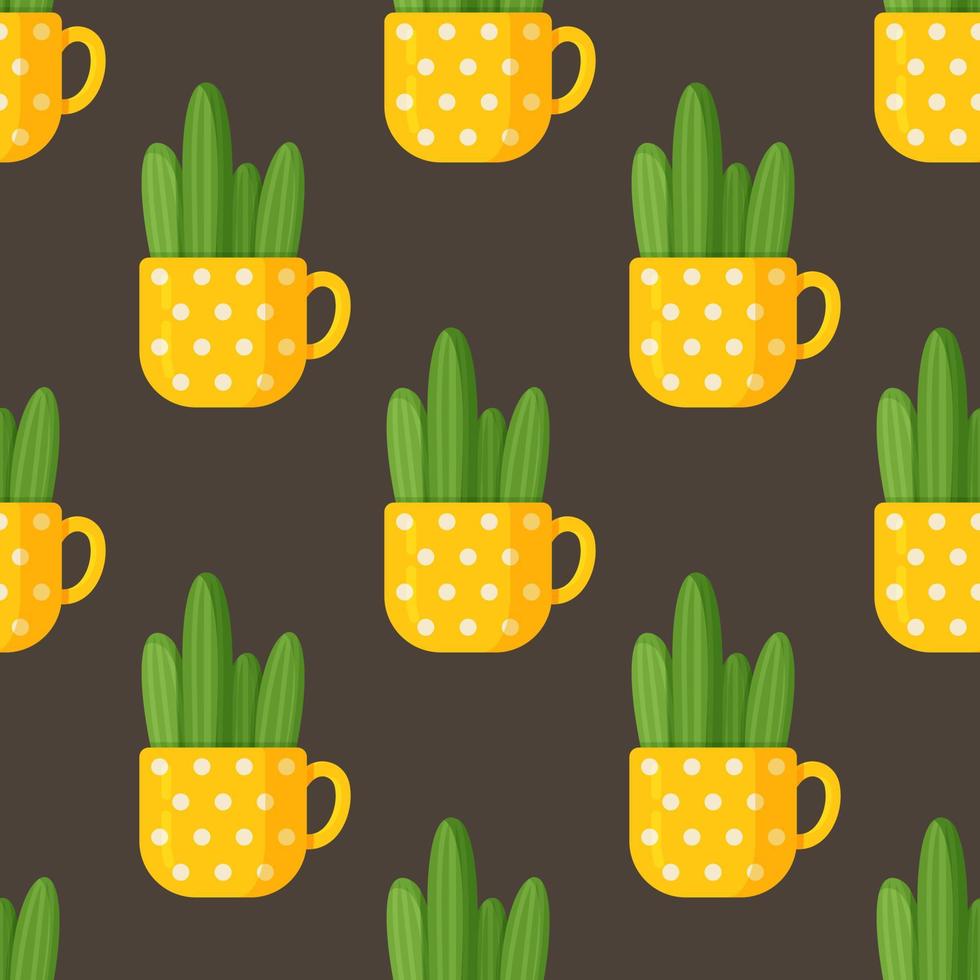vektor illustration av kopp kaktus mönster. sömlös teckning av en lång kaktus i en vacker gul kopp.