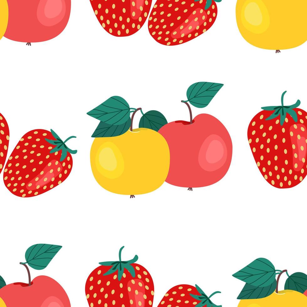 äpfel und erdbeeren nahtloses muster. Fruchtdruck, Vektorillustration im flachen Stil. vektor