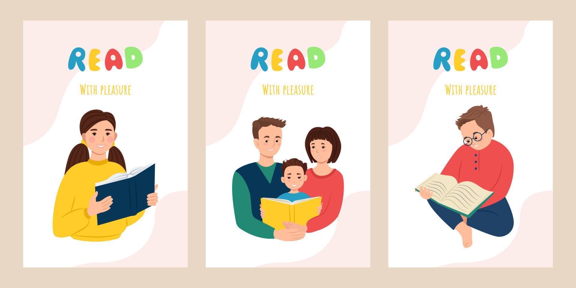Postkartenset zum Welttag des Buches, Kinder, die gerne lesen, und Erwachsene. Vektor-Illustration. vektor