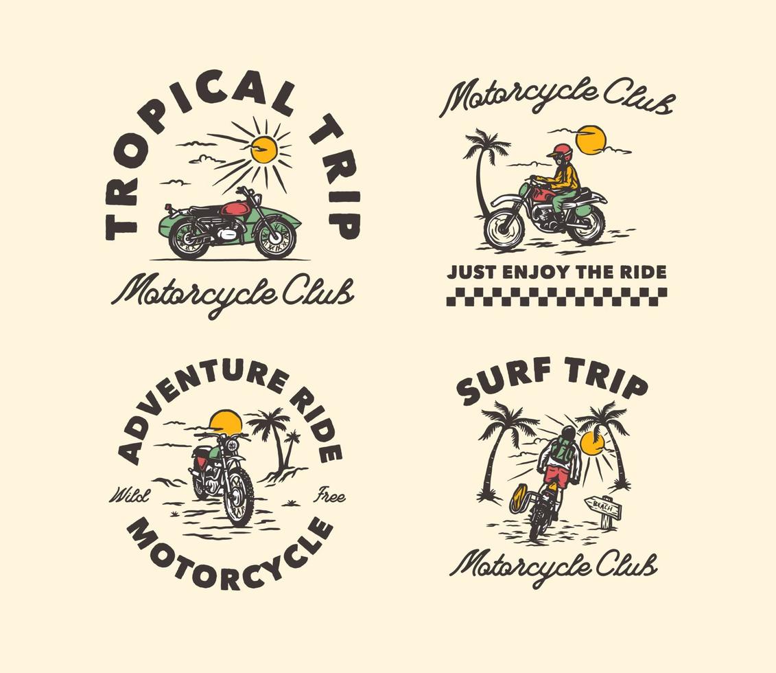 handritad vintage motorcykel surfing club logotyp etikett märke vektor