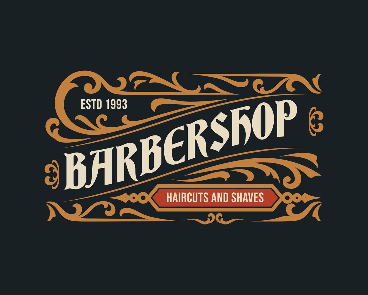 Barbershop vintage lyx ram logotyp märke med blomstrande viktoriansk prydnad vektor