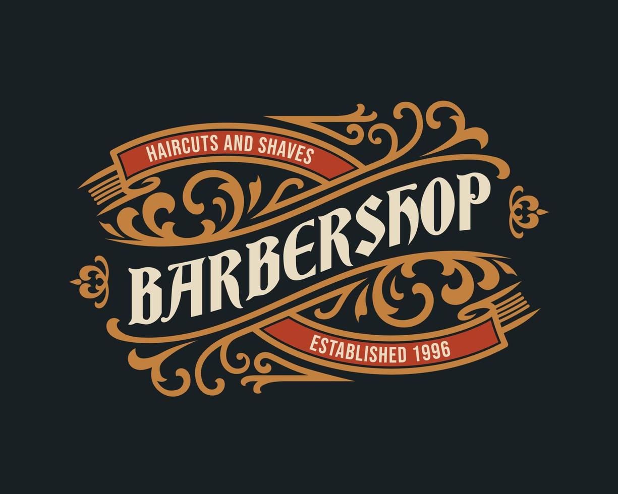 Barbershop vintage lyx ram logotyp märke med blomstrande viktoriansk prydnad vektor