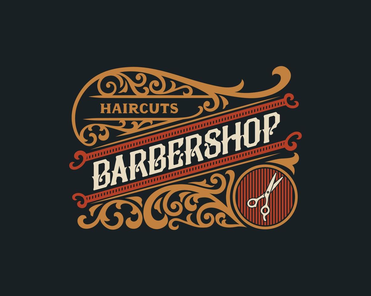 barbershop vintage luxus-rahmen-logo-abzeichen mit gedeihendem viktorianischen ornament vektor