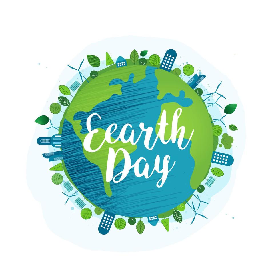 glad jordens dag. jordens dag, 22 april med jordklotet och världskartan för att spara miljö, rädda ren grön planet, ekologikoncept. kort för världens jorddag. vektor design
