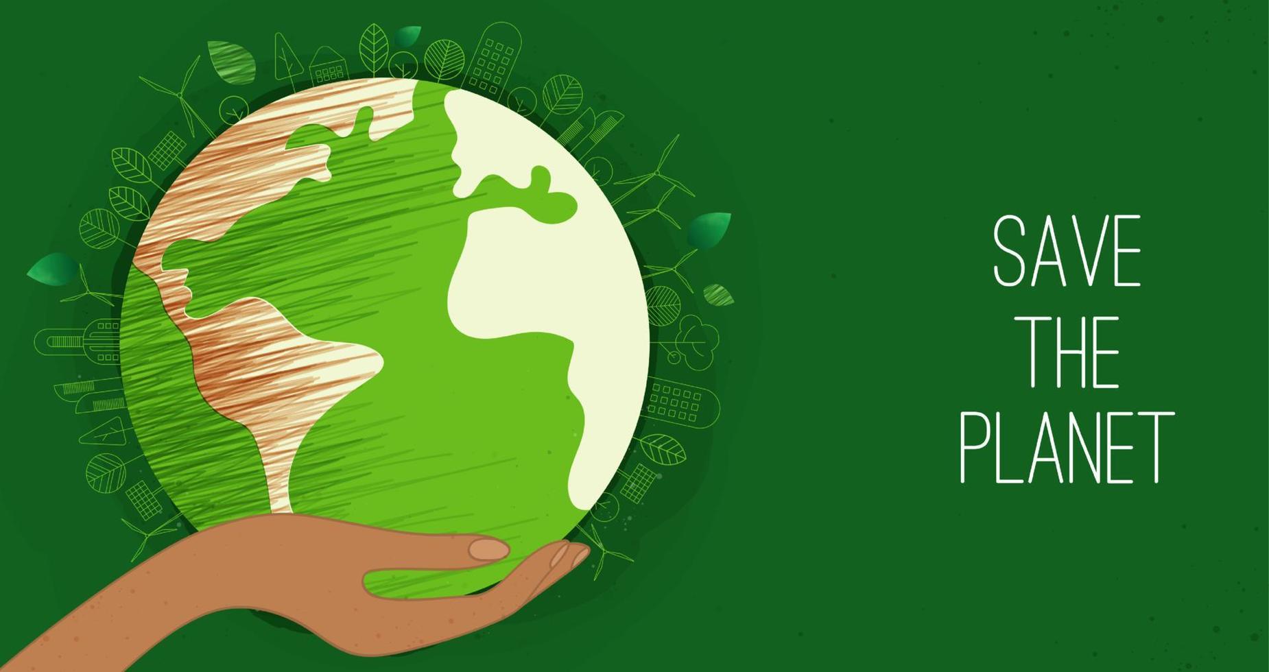 glücklicher tag der erde. tag der erde, 22. april mit dem globus, der weltkarte und den händen zur rettung der umwelt, rette den sauberen grünen planeten, ökologiekonzept. Karte für den Welttag der Erde. Vektordesign vektor