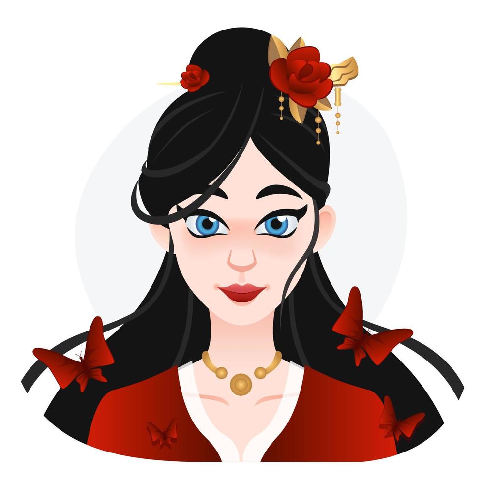 tecknad asiatisk vacker kvinna. långt svart hår med blommor på toppen. geisha illustration för webb. spel eller reklamskylt vektor