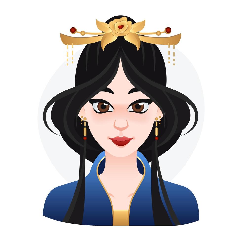 tecknad orientalisk vacker kvinna. långt svart hår med krona på toppen. asiatisk prinsessa illustration för webb, spel eller reklamskylt vektor