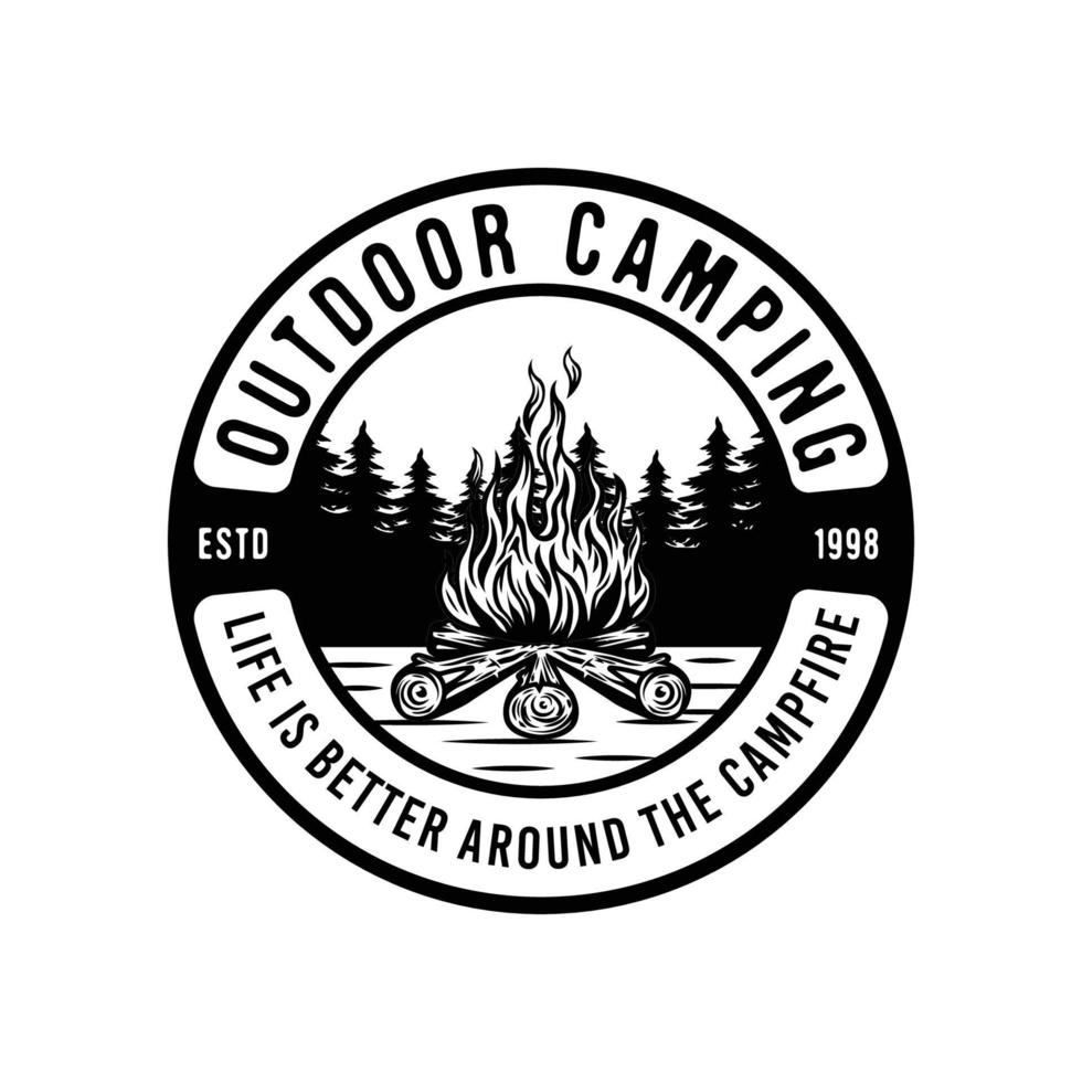vintage camping bål utomhus läger emblem vektor