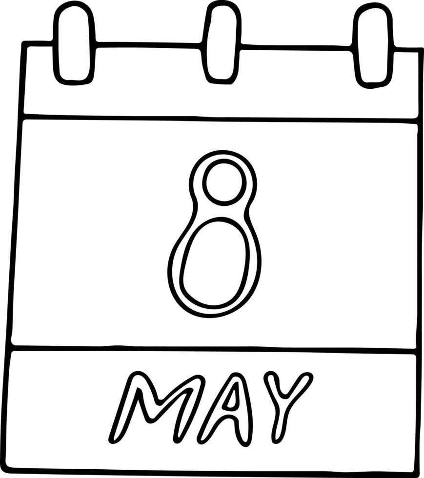kalender hand dras i doodle stil. maj 8. minnes- och försoningstid, världsdagen för röda kors och röda halvmåne, datum. ikon, klistermärke element för design. planering, affärssemester vektor