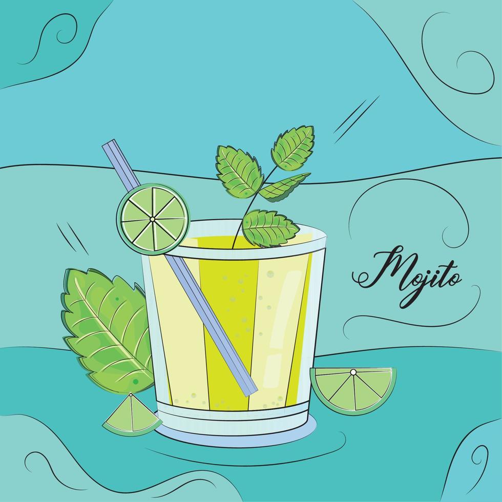 skiss av en mojito cocktail med citron och mynta blad tropiska cocktail vektor