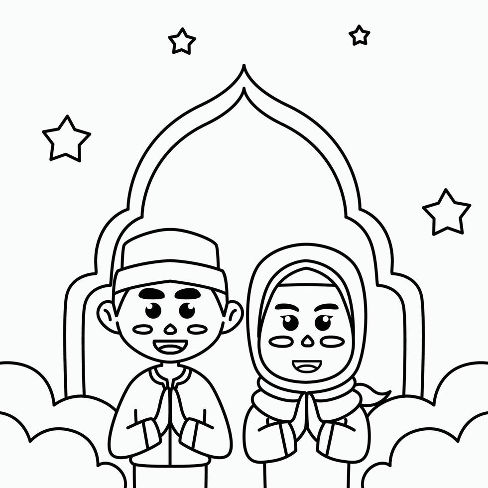 målarbok söt tecknad illustration av muslimska pojkar och flickor, välkomnande Eid al-fitr ramadan för banderoller, pamfletter, klistermärken vektor