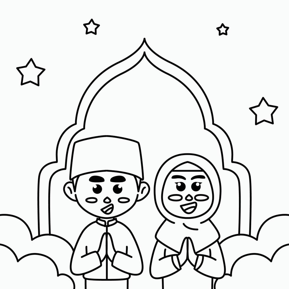 farbseite niedliche karikaturillustration muslimischer jungen und mädchen, die eid al-fitr ramadan für banner, broschüren, aufkleber begrüßen vektor