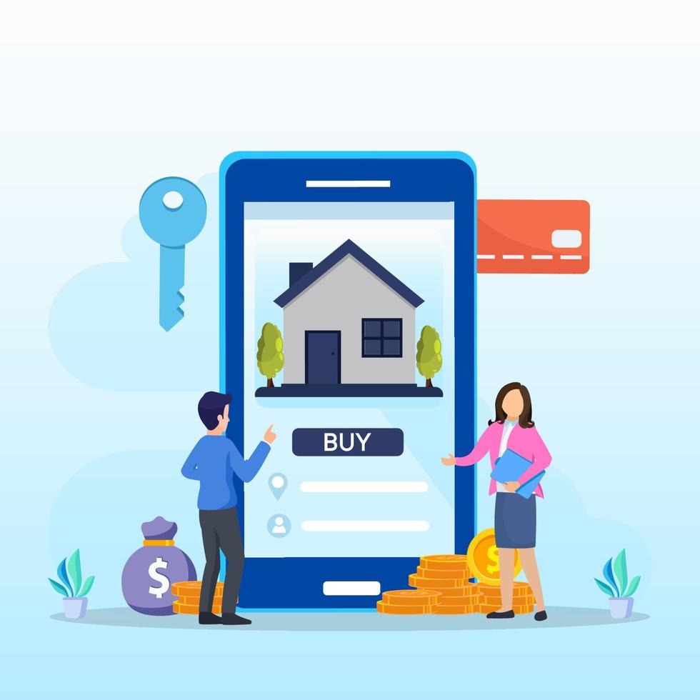 köpa fastigheter online på mobiltelefon app vektor illustration koncept.