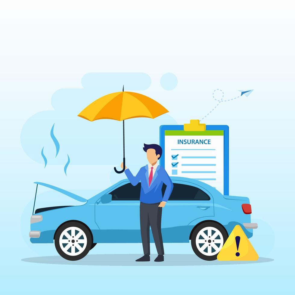 bilförsäkringsblankett med paraply. försäkringsombud, skydd, skada eller kollisionsvektor vektor