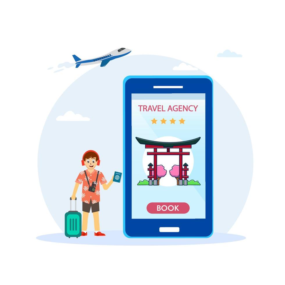 resebyrå vektor koncept, ung man gör bokning i resebyrå app till Japan.
