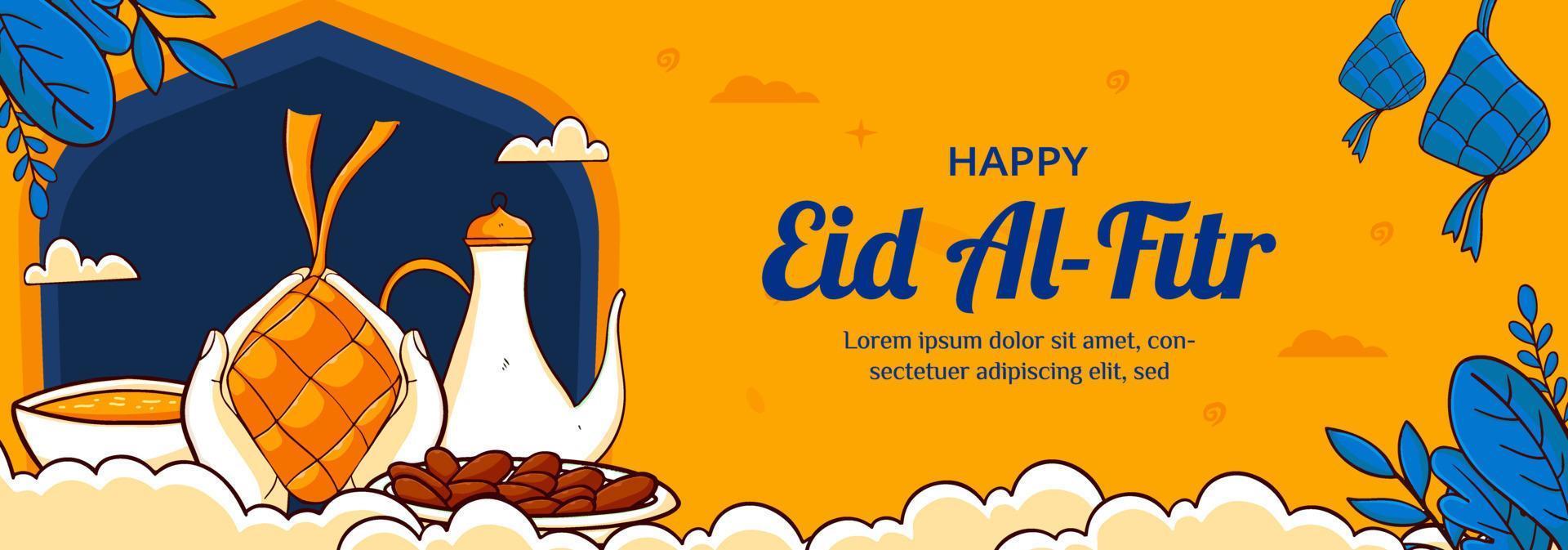 eid mubarak bannervorlage mit ketupat- und kurma-konzept. handgezeichneter und flacher Stil vektor