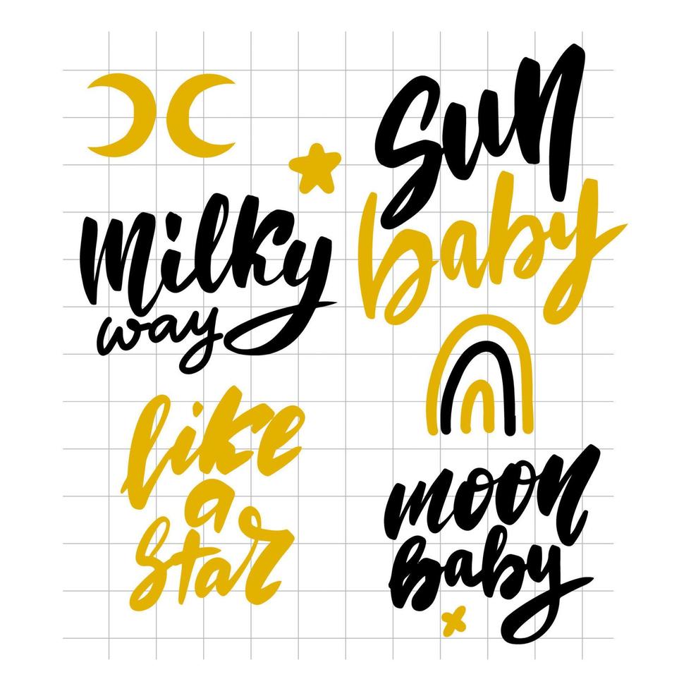 Sterne-Schriftzug-Set. Milchstraße, wie ein Stern, Sonnenbaby, Mondbaby. inspirierende Pinselschrift. Vektorgrafik auf Lager isoliert auf weißem Hintergrund. vektor