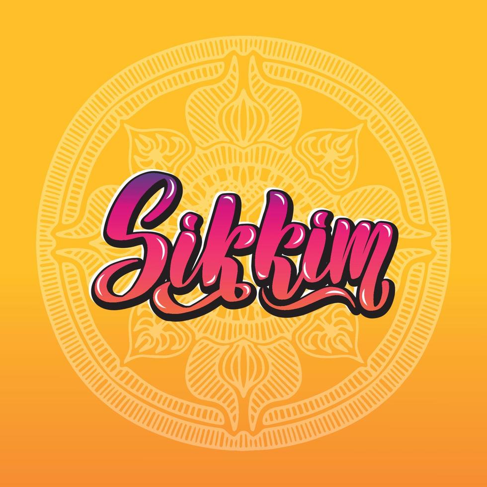 sikkim handskriven stock bokstäver typografi. stater av india.calligraphy för logotyp badge ikon kort vykort logotyp, banner, tagg. vektor illustration eps10. mandala orange flerfärgad ljus gradient