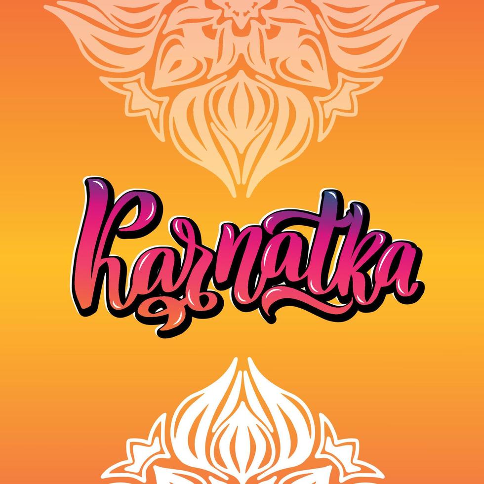 karnataka handskriven stock bokstäver typografi. delstater i Indien. kalligrafi för badge ikon kort vykort logotyp, banner, tagg. vektor illustration eps10. mandala orange flerfärgad ljus gradient