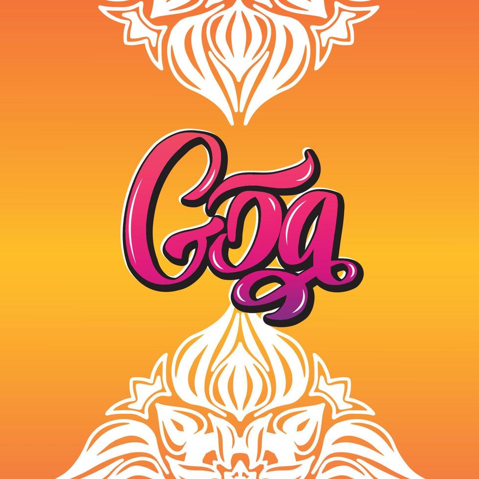 Goa handgeschriebener Schriftzug. Indien-Abbildung. Bestandstypografie. Kalligrafie für Logo, Abzeichen, Symbol, Karte, Postkarte, Logo, Banner, Tag. Vektor eps10. Mandala orange mehrfarbiger heller Farbverlauf