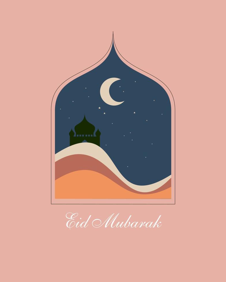 Ramadan Mubarak-Grußkarte im modernen Stil mit Pastellfarben, Retro-Design, Mond, Moscheenkuppel und Laterne, vektor