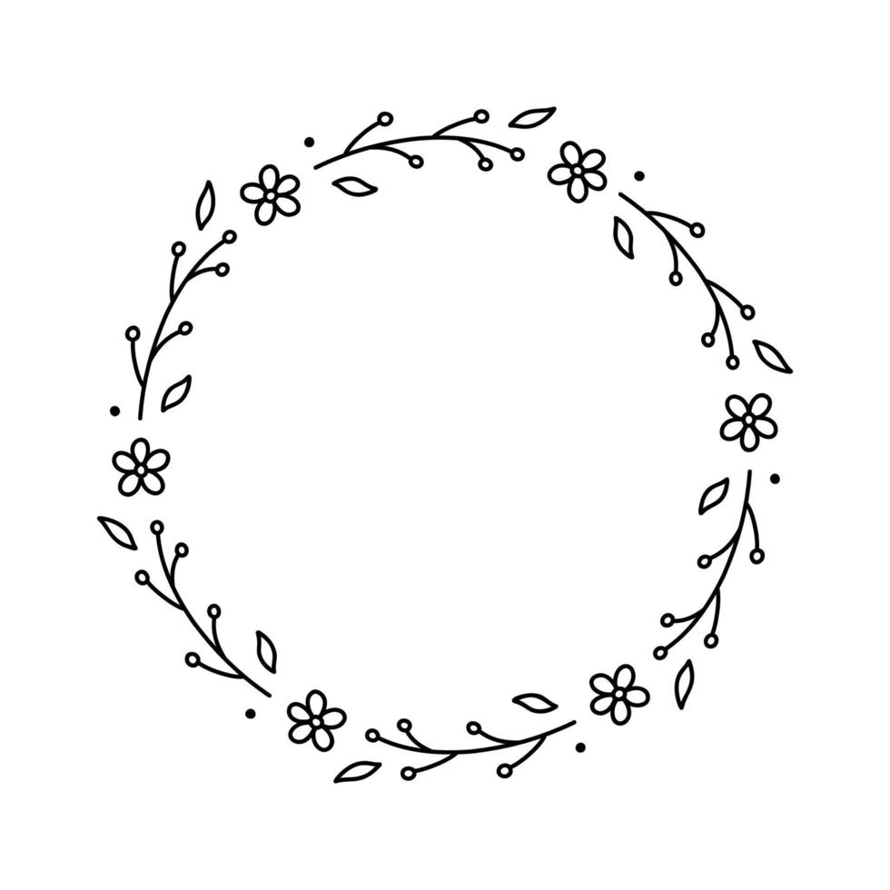 Frühlingsblumenkranz isoliert auf weißem Hintergrund. runder rahmen mit blumen. handgezeichnete Vektorgrafik im Doodle-Stil. Perfekt für Karten, Einladungen, Dekorationen, Logos, verschiedene Designs. vektor