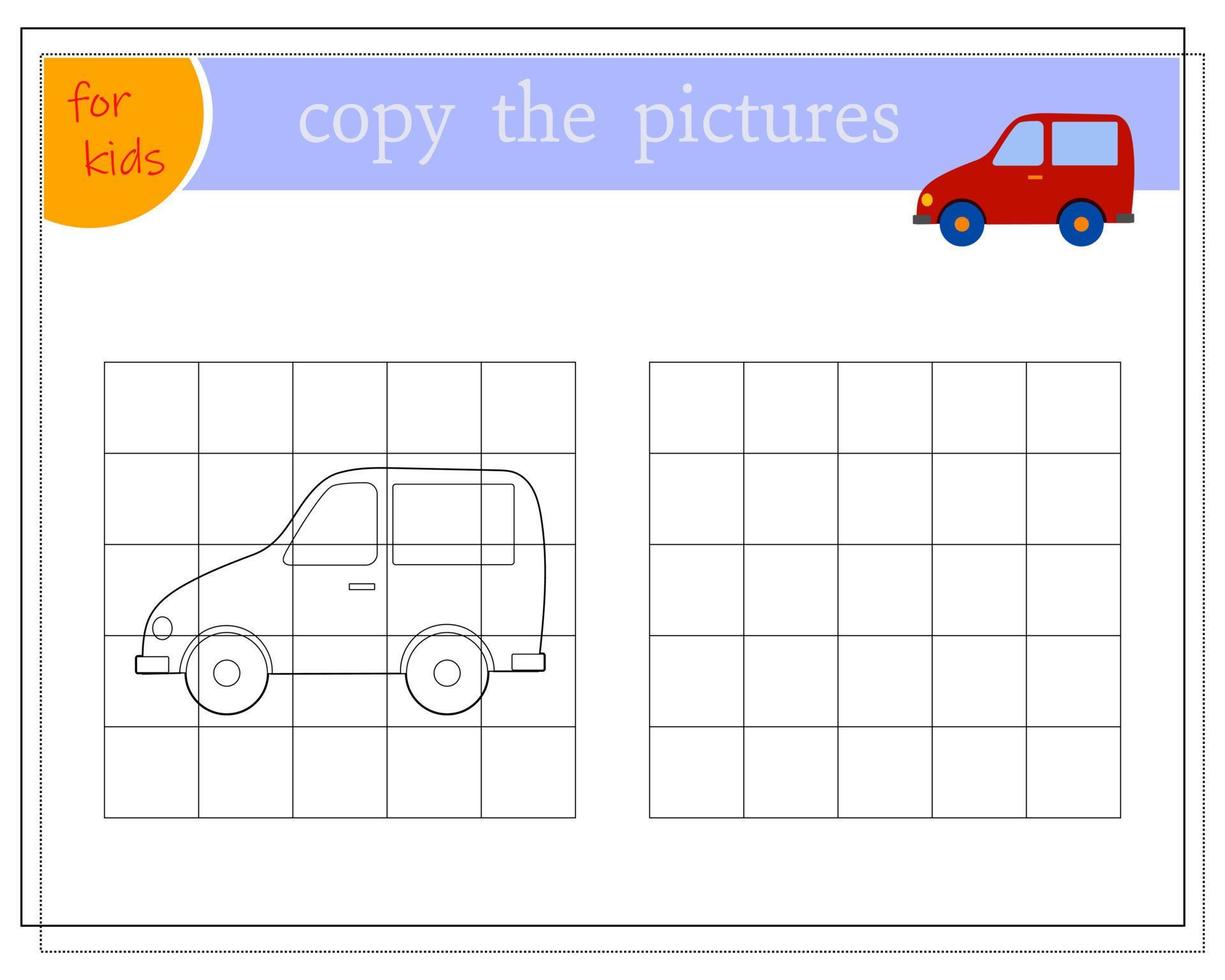 kopiera bilden, pedagogiska spel för barn, tecknad leksaksbil. vektor