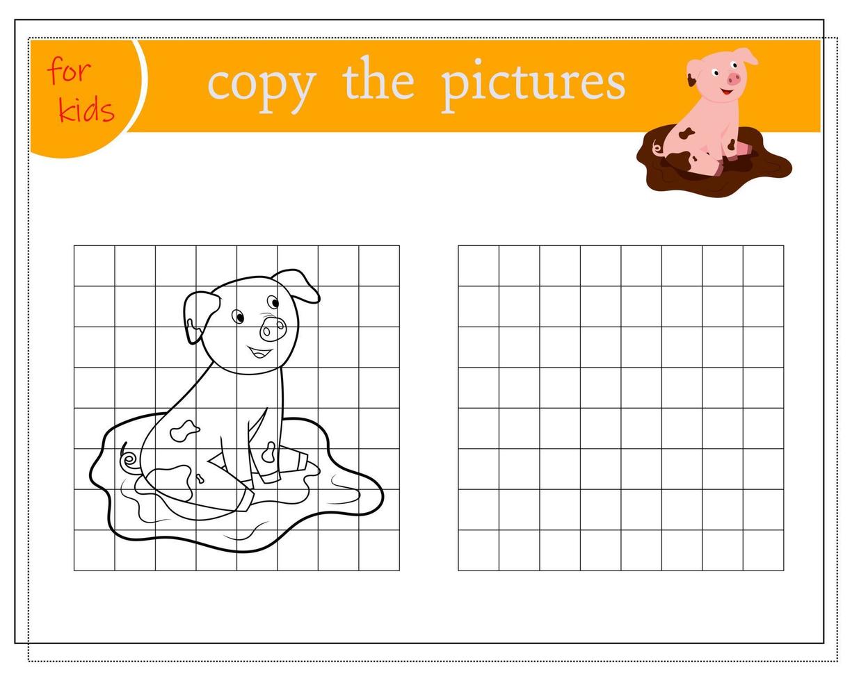 kopiera bilden, pedagogiska spel för barn, tecknad gris. vektor