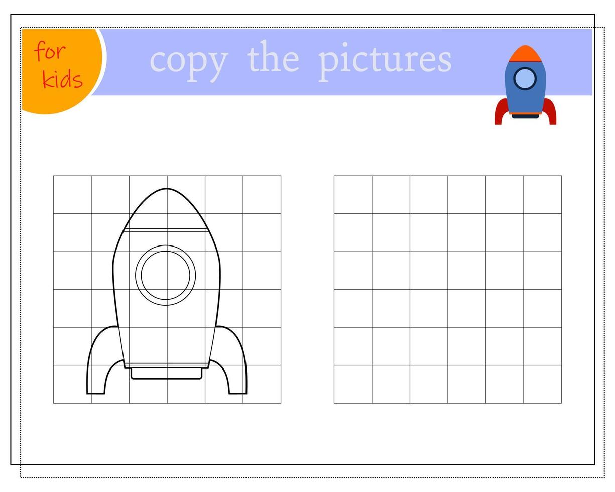 Kopieren Sie das Bild, Lernspiele für Kinder, Cartoon-Spielzeugrakete. Vektor isoliert auf weißem Hintergrund