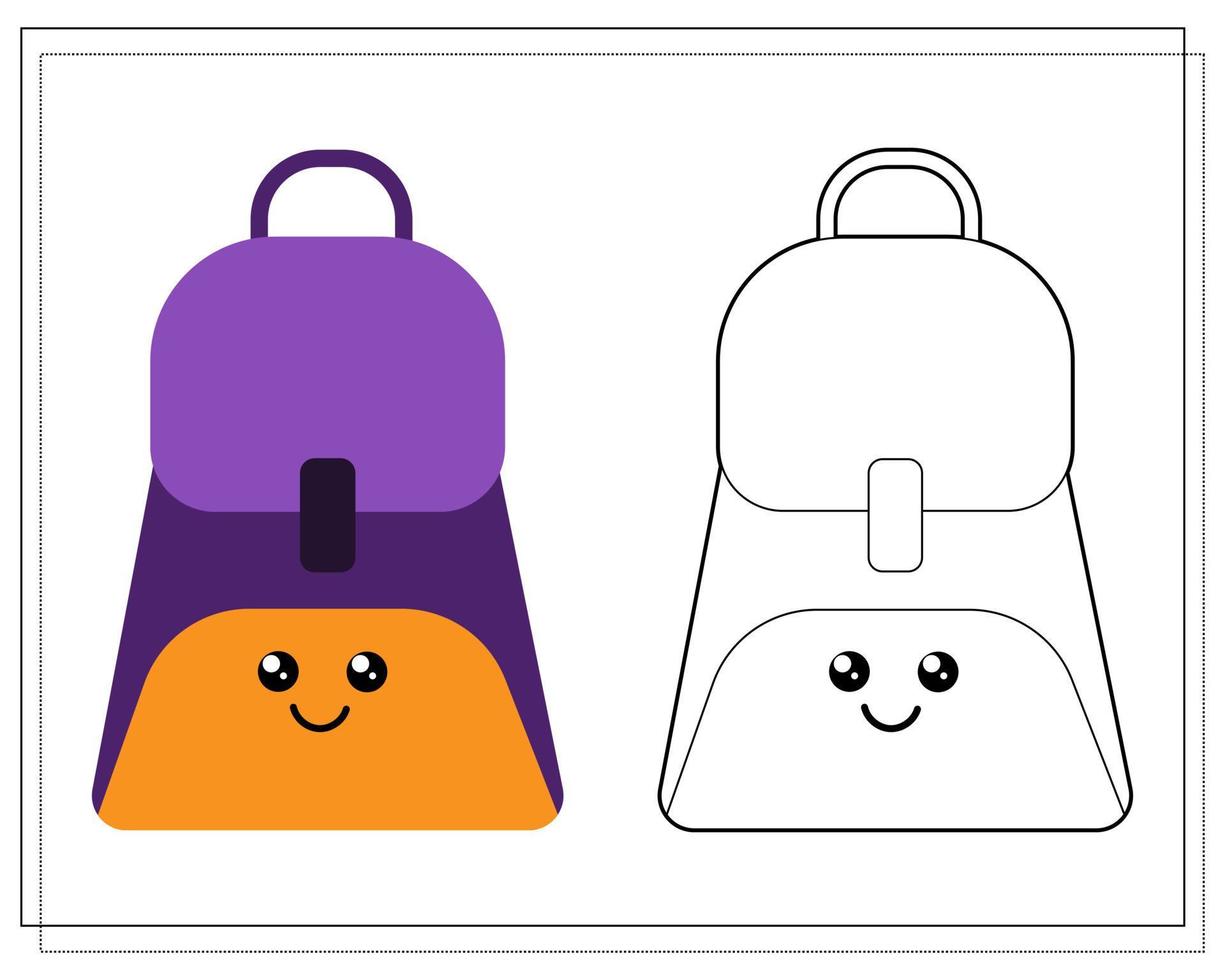 Malbuch für Kinder. Male einen niedlichen Cartoon-Schulrucksack nach dem Muster aus. vektor