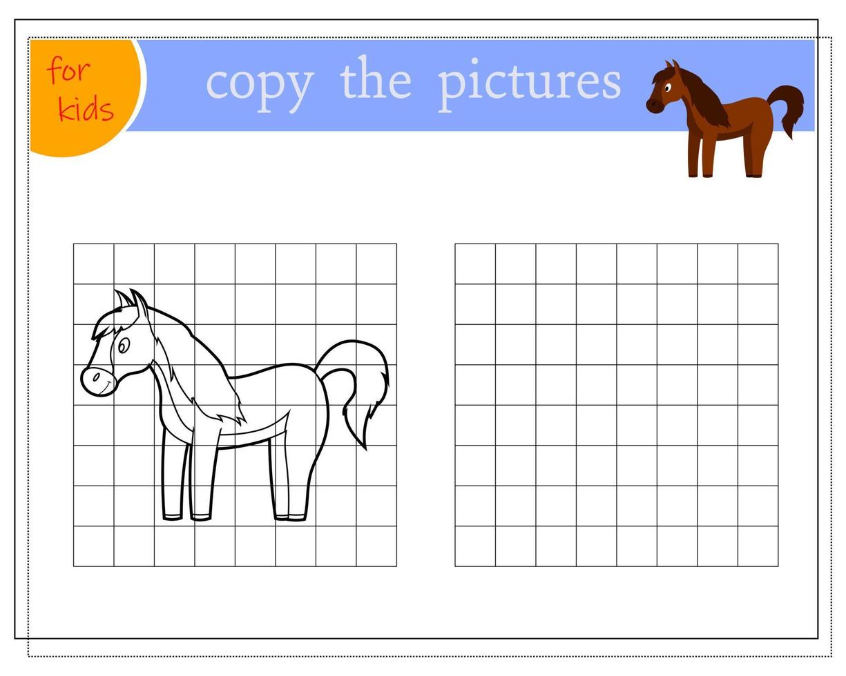 kopiera bilden, pedagogiska spel för barn, tecknad häst. vektor