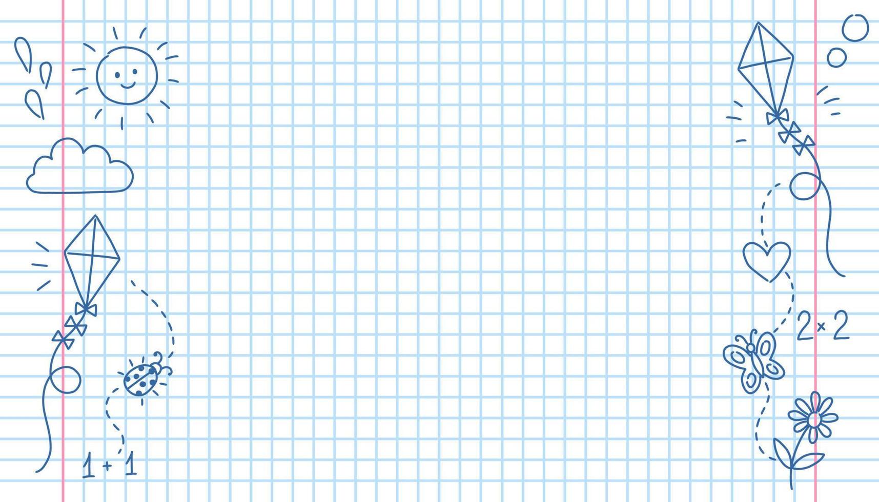 enkel bakgrund med rutig anteckningsbok och pennklotter, vektorillustration för skolan vektor