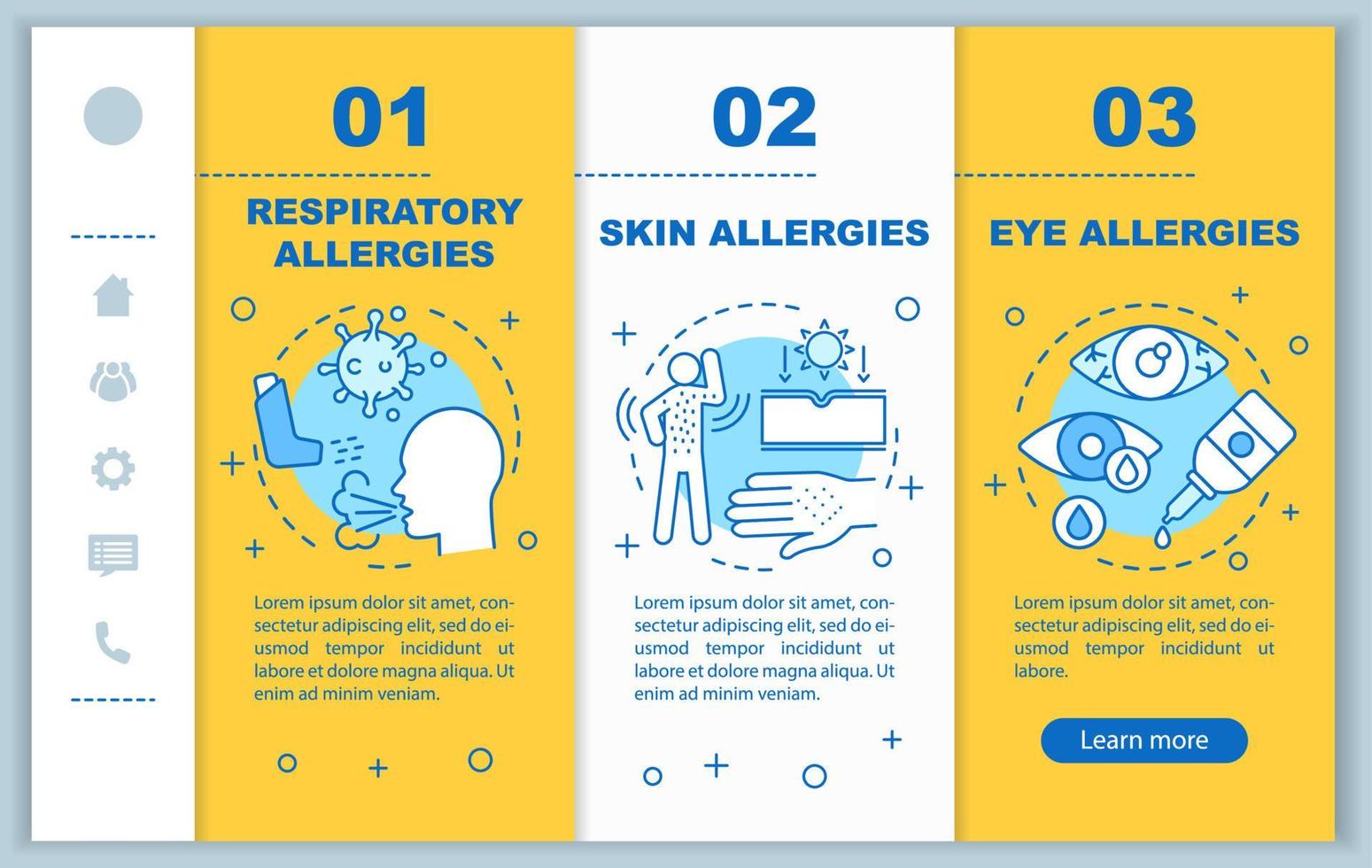 Allergiesymptome beim Onboarding mobiler Webseiten Vektorvorlage. Haut, Auge, Atemwege. reaktionsschnelle smartphone-website-schnittstellenidee mit illustrationen. Webseiten-Walkthrough-Schrittbildschirme. Farbkonzept vektor