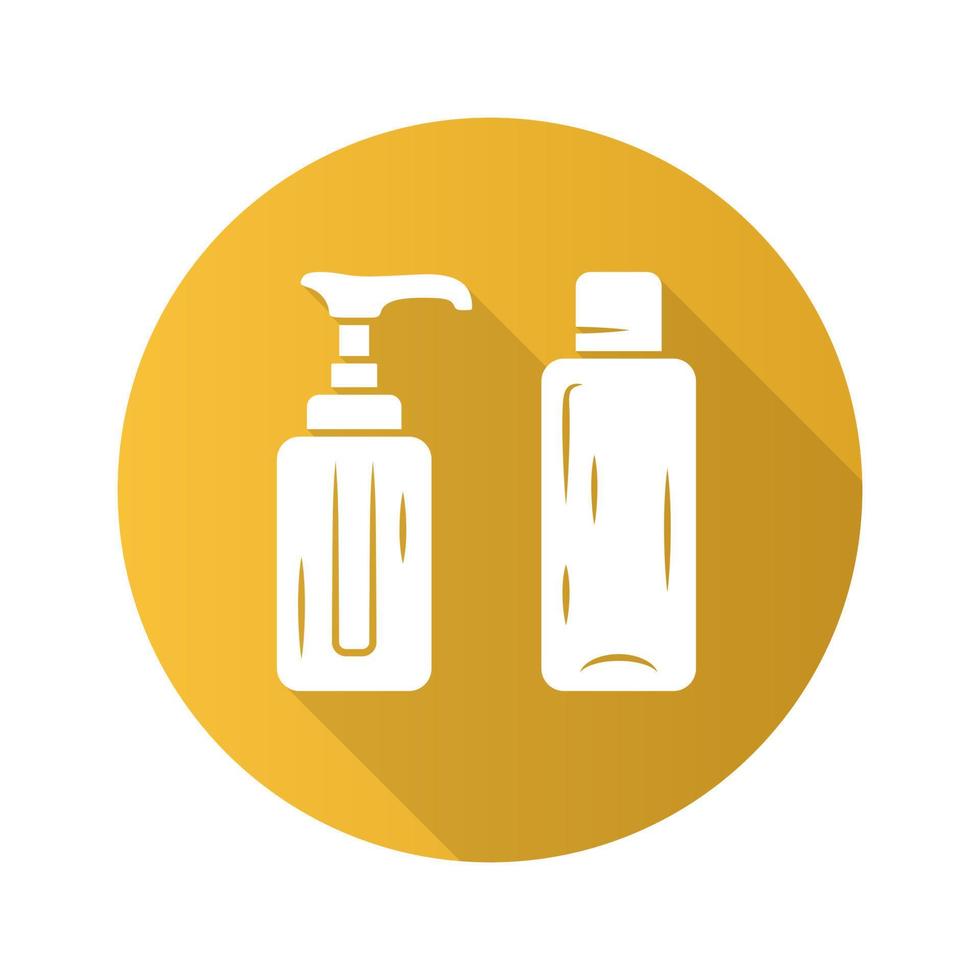 leere wiederverwendbare Behälter flaches Design lange Schatten-Glyphe-Symbol. Shampoo- und Seifenflaschen für die Reise. Körperpflege, Selbstpflegeprodukte. Reiseausrüstung. Vektor-Silhouette-Illustration vektor