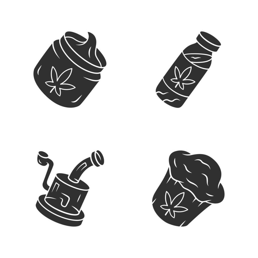 ogräs produkter glyf ikoner set. cbd dryck och grädde. glasrigg. ganja cupcake. legalisering av marijuana. hampa distribution och försäljning. cannabisindustrin. siluett symboler. vektor isolerade illustration