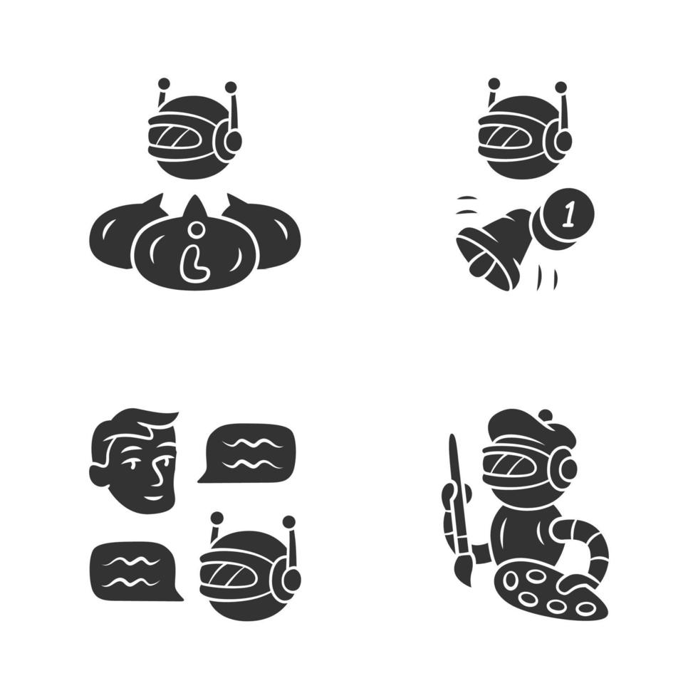 internet robotar glyf ikoner set. chatbot, informativ, proaktiv, konstbots. teknik, cybernetik. artificiell intelligens, ai. siluett symboler. vektor isolerade illustration