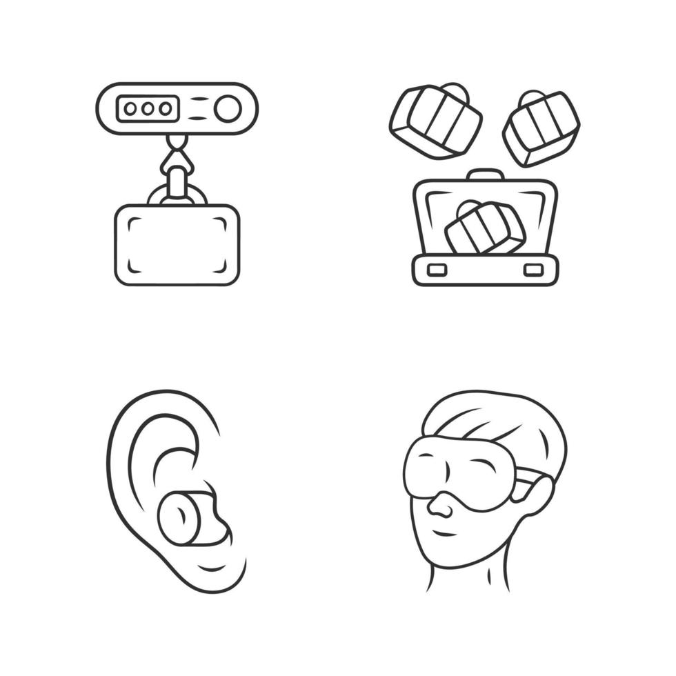 Reisezubehör lineare Symbole gesetzt. digitale Gewichte, Packwürfel. geräuschunterdrückende Ohrstöpsel, Schlafbrille. dünne Linienkontursymbole. isolierte vektorumrissillustrationen. editierbarer Strich.. vektor